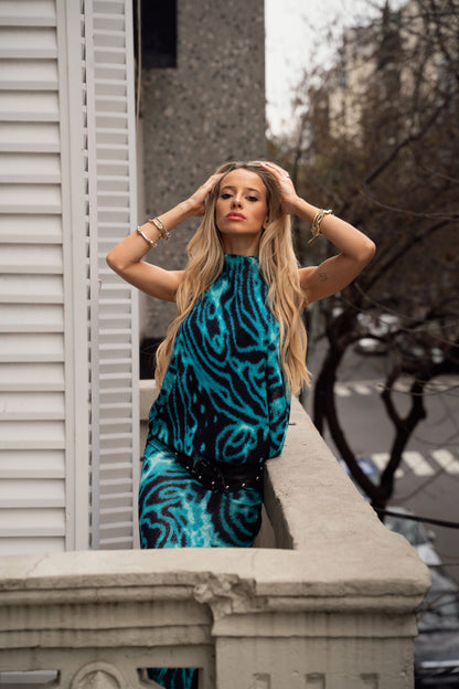 Vestido Animal Print Turquesa Savage (Incluye cinturón)