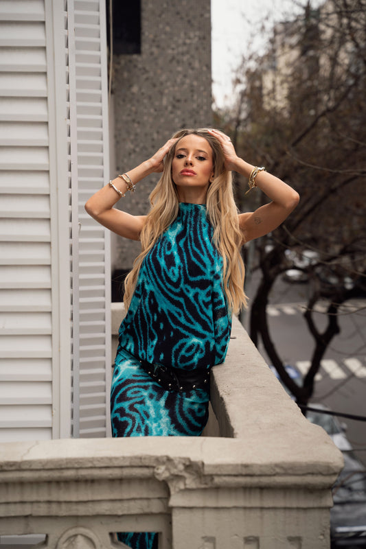 Vestido Animal Print Turquesa Savage (Incluye cinturón)